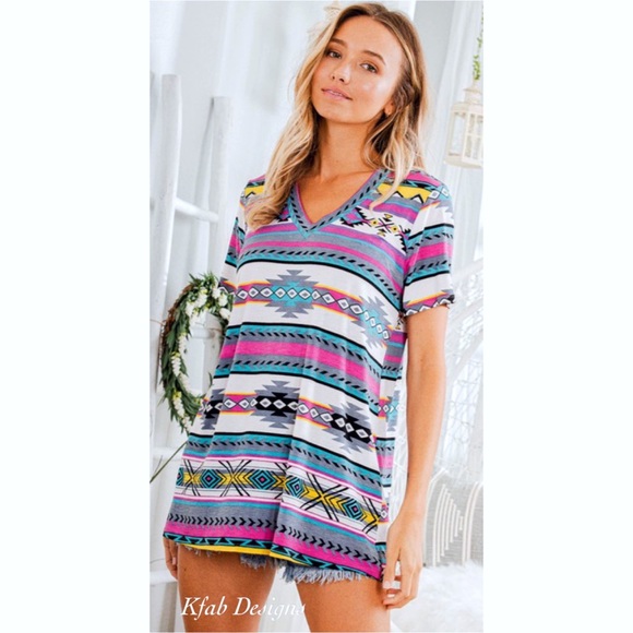 LAST 2! V Neck Aztec Print Blue Multi Top! - Picture 15 of 15